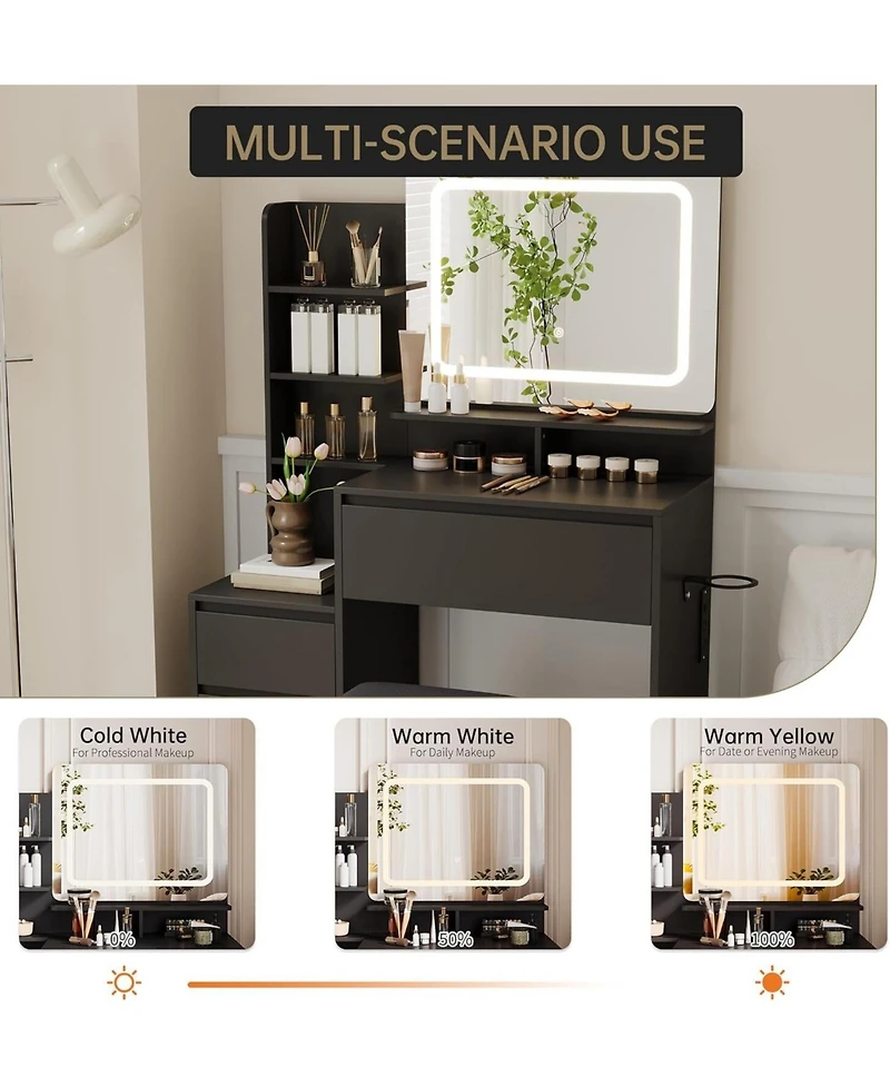 gaomon -Drawer Vanity Desk Set, Lighted Makeup Table with Power Outlet