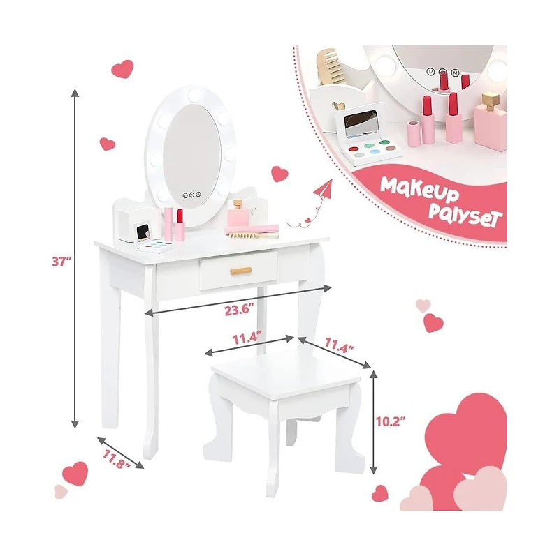 gaomon Toddler Lighted Vanity and Stool Set, Girls' Perfect Gift Makeup Pretend Play Table