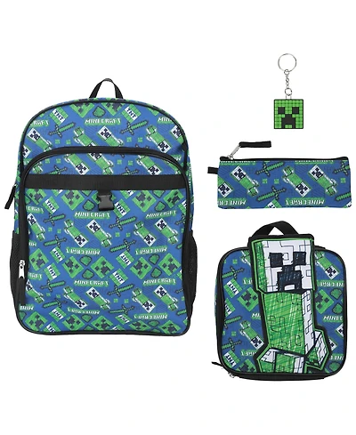 Minecraft Boys' and Girls' All Over Print Backpack, Lunch Kit, Keychain and Pencil Case, 4-Piece Set