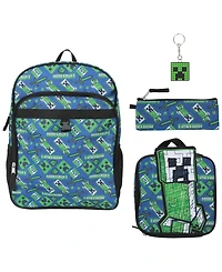 Minecraft Boys' and Girls' All Over Print Backpack, Lunch Kit, Keychain and Pencil Case, 4-Piece Set