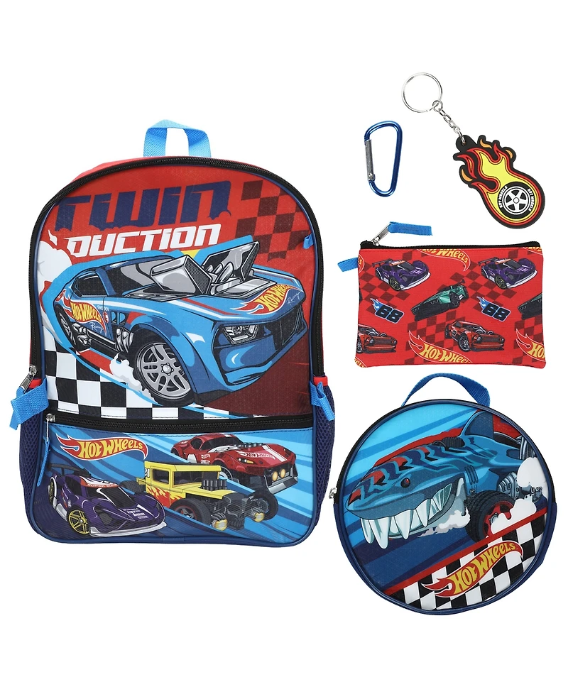 Bioworld Boys' and Girls' Hot Wheels Backpack, Lunch Kit, Pencil Case, Key Chain and Carabiner, 5-Piece Set