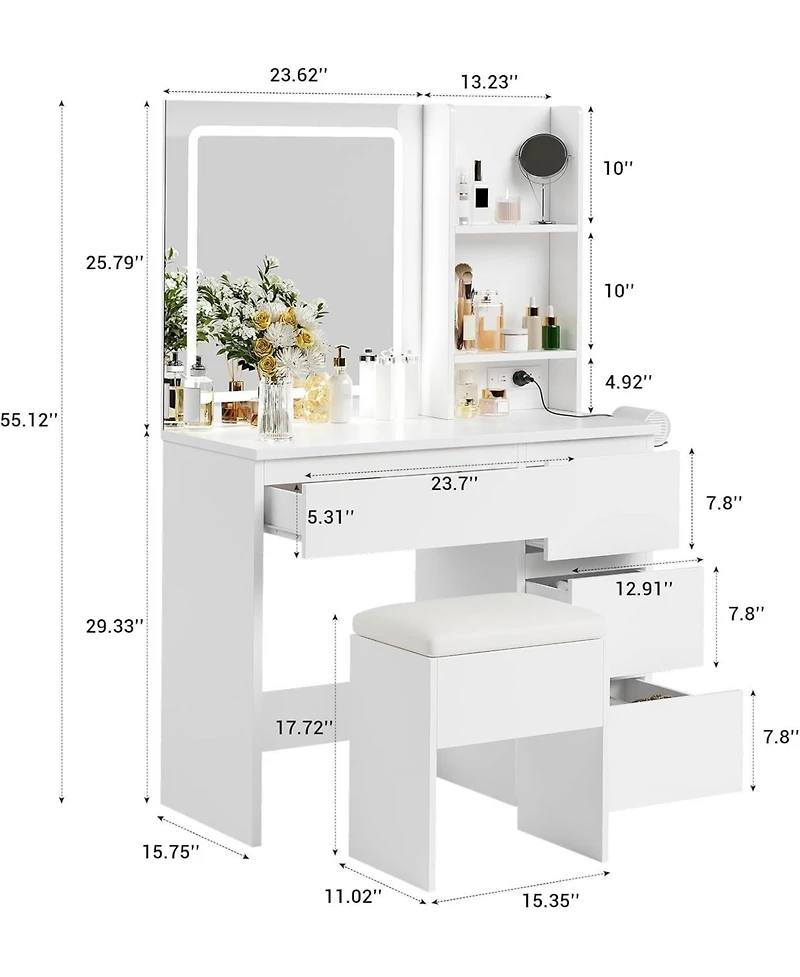 gaomon 4-Drawer Led Vanity Set, Makeup Desk with Power Outlet, Mirror and Matching Stool