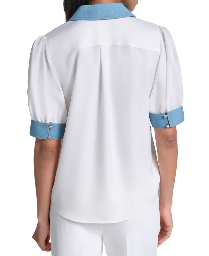 Karl Lagerfeld Paris Petite Collared Button-Front Blouse