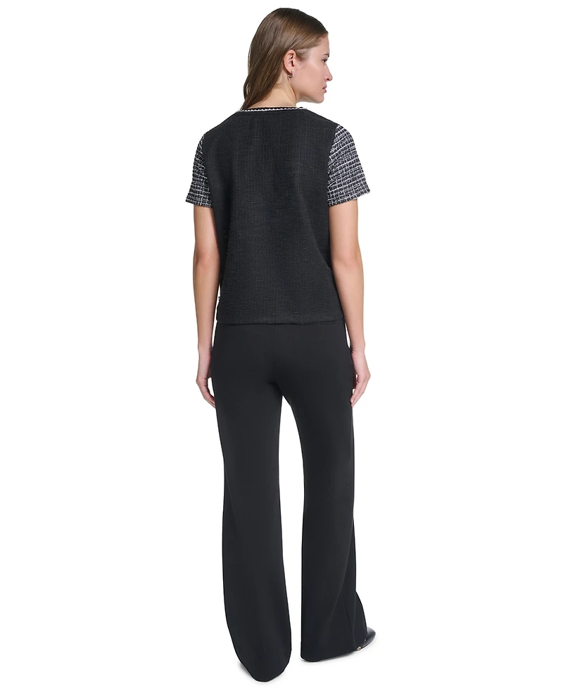 Karl Lagerfeld Paris Petite Short-Sleeve Trim Crewneck Blouse
