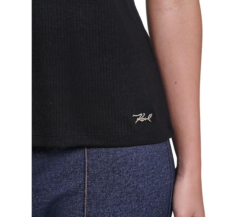 Karl Lagerfeld Paris Petite Collared Short-Sleeve Pull-On Top
