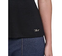 Karl Lagerfeld Paris Petite Collared Short-Sleeve Pull-On Top