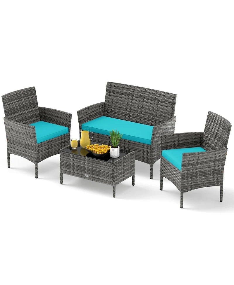 Sugift 4 Pieces Patio Rattan Conversation Set with Tempered Glass Coffee Table