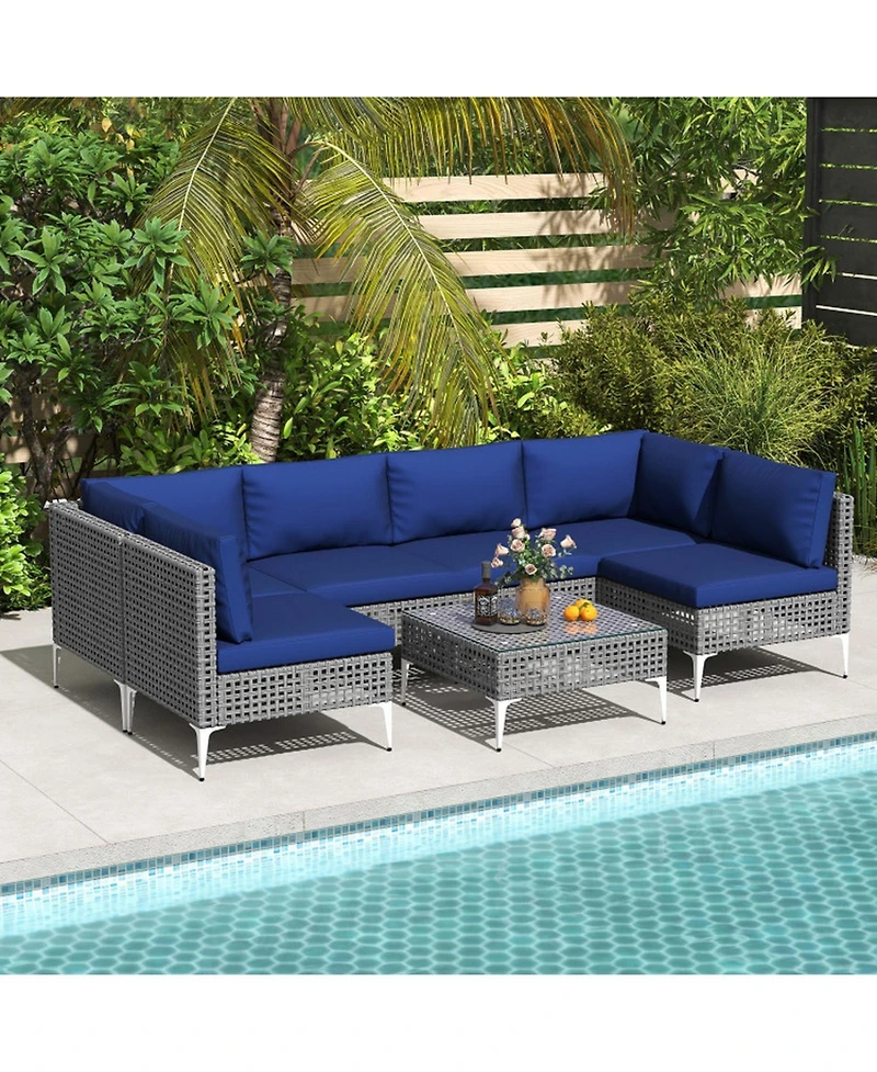 Sugift 7-Piece Pe Rattan Patio Sectional with Tempered Glass Coffee Table