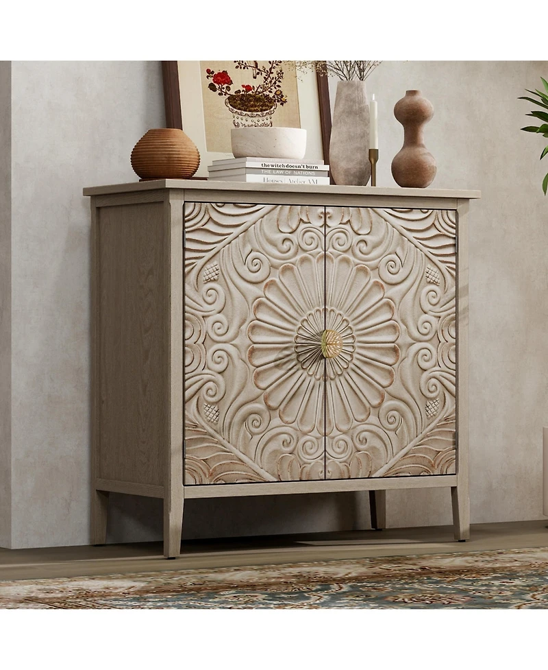 Flynama American Style 2-Door Wooden Storage Cabinet Relief Pattern Cabinet with Adjustable Layer Anti-Dumping Design