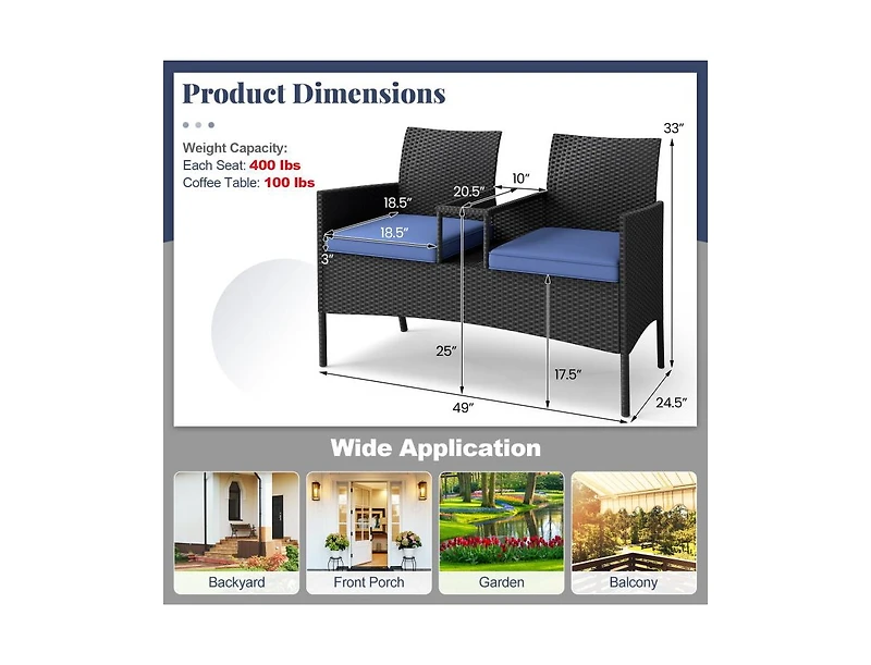 Mondawe Patio Loveseat with Built-in Table and Cushions for Backyard Porch