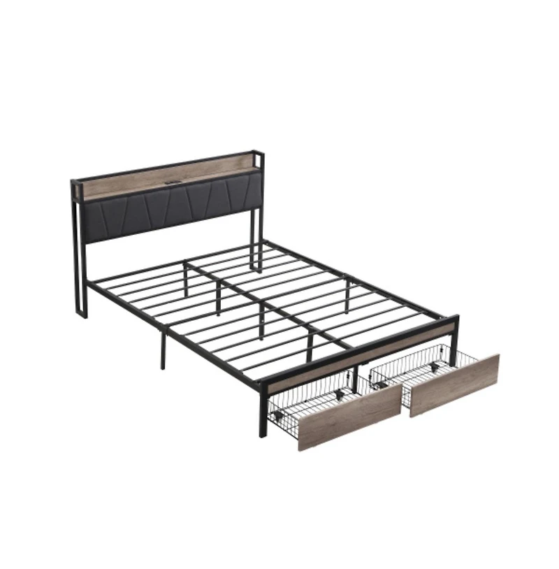 Lucky One Queen Size Platform Bed Frame with Wooden Headboard and Footboard, Heavy Duty Steel, No Box Spring Needed