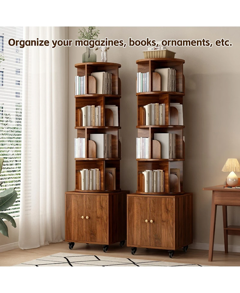 Flynama 5-Tier Rotating Bookshelf with Closed Drawer, Retro Solid Wood Narrow Corner Home Book Organizer
