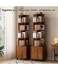 Flynama 5-Tier Rotating Bookshelf with Closed Drawer, Retro Solid Wood Narrow Corner Home Book Organizer