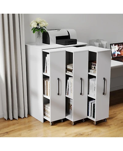 Flynama 3-Tier Freestanding Pull-Out Door Mobile Bookcase Multi-Grid Storage Cabinet with Universal Wheels