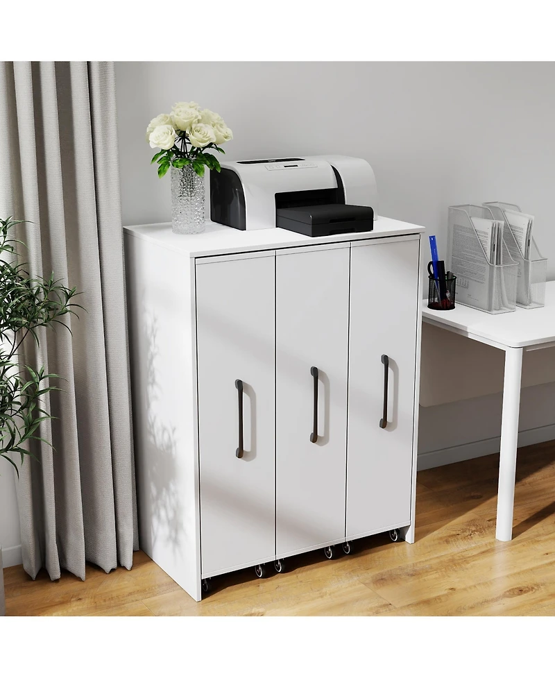Flynama 3-Tier Freestanding Pull-Out Door Mobile Bookcase Multi-Grid Storage Cabinet with Universal Wheels