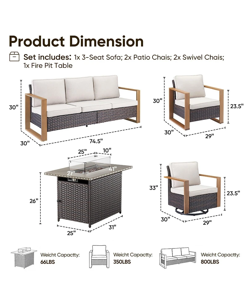 Pocassy 6 Piece Patio Furniture Set with 41" Fire Pit Table Wicker Sectional Sofa Outdoor Seating Thickened Cushion