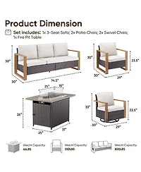 Pocassy 6 Piece Patio Furniture Set with 41" Fire Pit Table Wicker Sectional Sofa Outdoor Seating Thickened Cushion