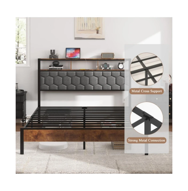 Lucky One Full Size Wooden Platform Bed Frame with Upholstered Headboard, Usb Charging Station, Under-Bed Storage, No Box Spring Needed