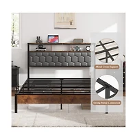 Lucky One Full Size Wooden Platform Bed Frame with Upholstered Headboard, Usb Charging Station, Under-Bed Storage, No Box Spring Needed
