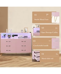 homfan 6-Drawer Dresser for Bedroom with Led Lights and Built-In Outlets, Engineered Wood and Metal Frame