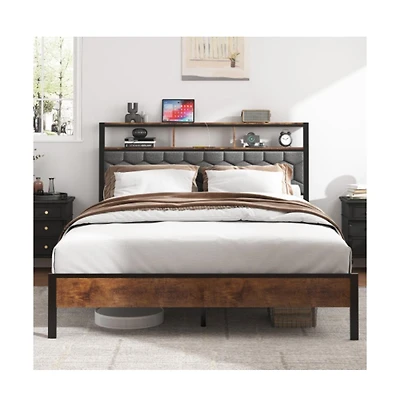 Lucky One Queen Size Wooden Platform Bed Frame with Upholstered Headboard, Usb Charging Station, Under-Bed Storage, No Box Spring Needed