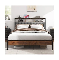 Lucky One Queen Size Wooden Platform Bed Frame with Upholstered Headboard, Usb Charging Station, Under-Bed Storage, No Box Spring Needed