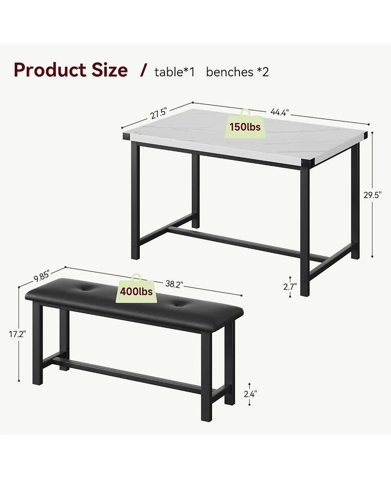 homfan 4 Person Dining Table Set with 2 Upholstered Benches Rectangular Kitchen Table for Small Apartments, Modern Dining Bench Set for 4