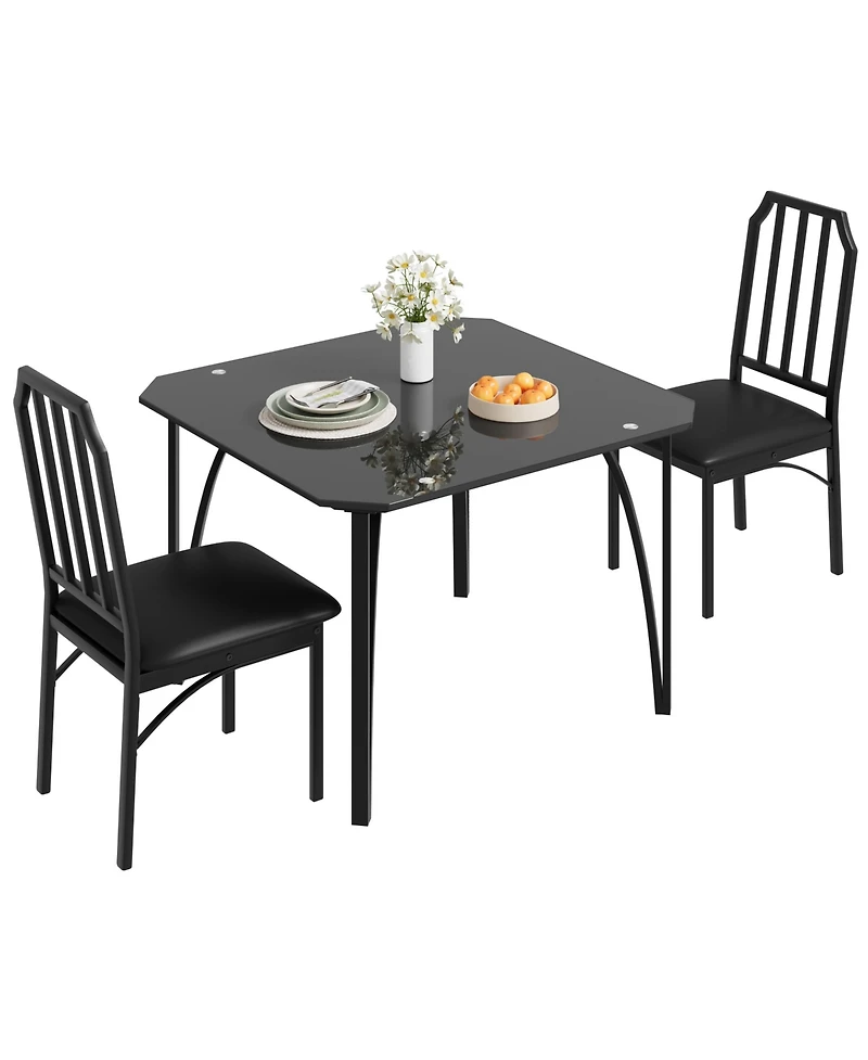 homfan Dining Table Set for 2 Square Compact Bistro Table with Upholstered Chairs, Glass Breakfast Nook Set for Small Space Apartment