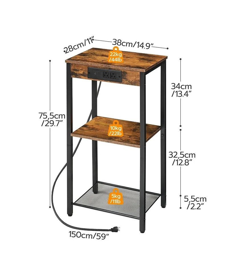 Slickblue 3-Tier Accent Side Table with Built-In Charging Station and Storage