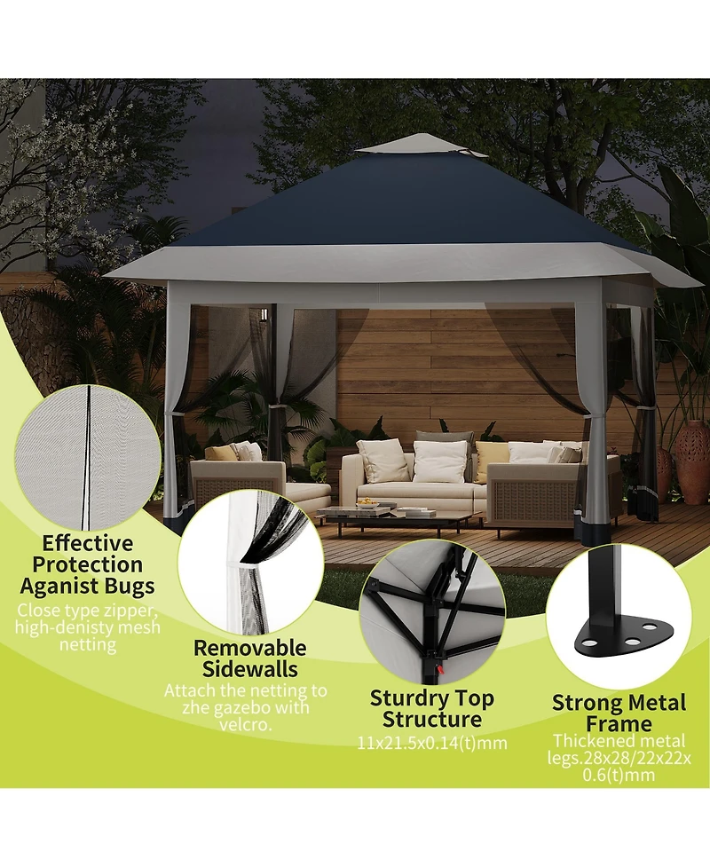 homfan 12 x Feet Cantilevered Folding Shelter With Roll-Up Eaves And Mesh Sidewalls, Pop-Up Patio Canopy For Backyard