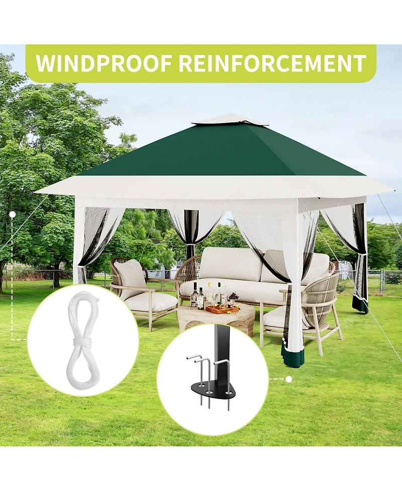 homfan 12 x 12 Feet Cantilevered Folding Shelter With Roll-Up Eaves And Mesh Sidewalls, Pop-Up Patio Canopy For Backyard
