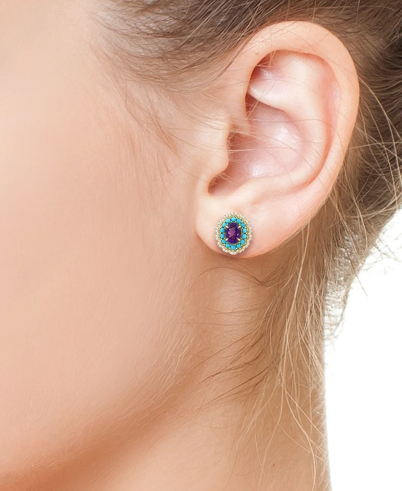 Effy Collection Amethyst (2-2/5 ct. t.w.), Turquoise (2mm) & Diamond (1/3 ct. t.w.) Stud Earrings in 14k Yellow Gold