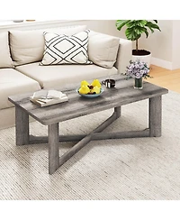 Gymax Coffee Table Solid Rubber Wood Center Table with X-Shaped Base for Living Room