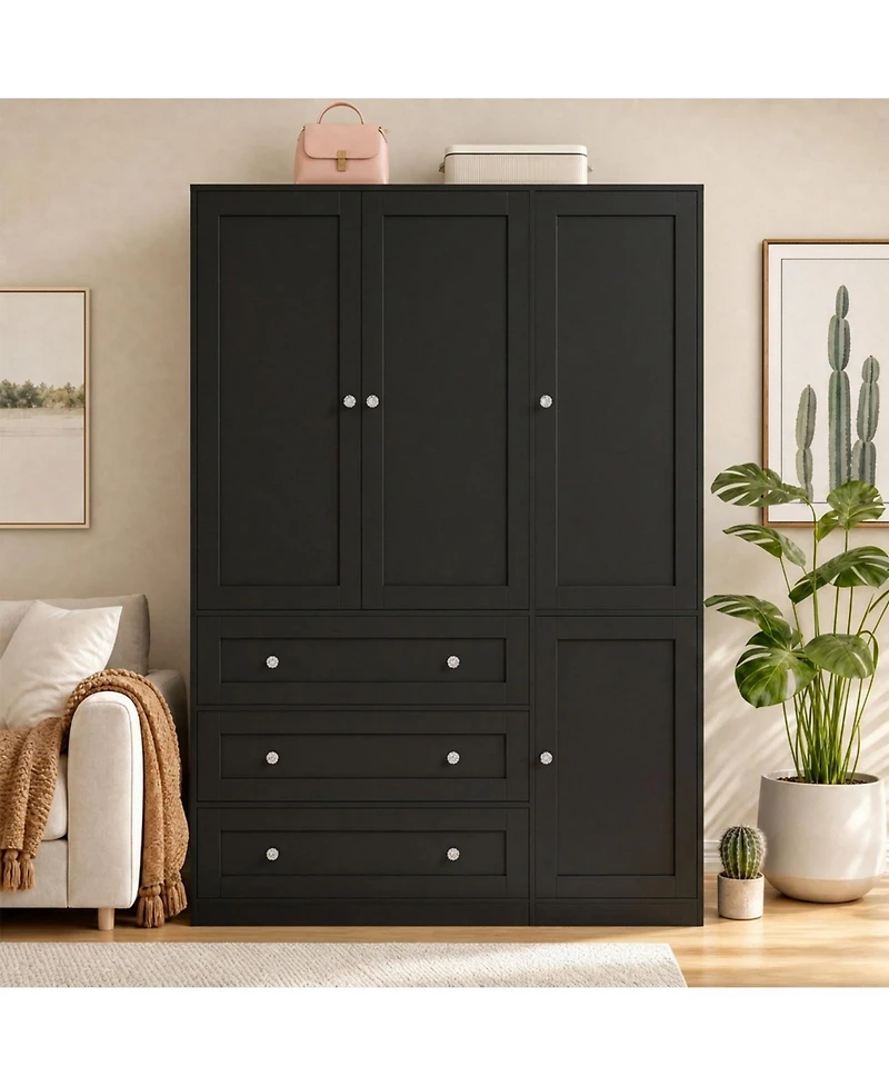 gaomon Wooden Armoire Wardrobe Closet, 71''H Large Clothing Storage Cabinet with Handing Rod and 3 Drawers, Clothes Organizer for Bedroom