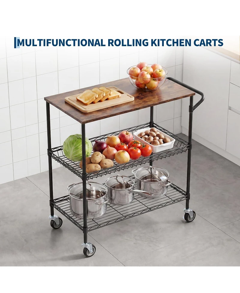 gaomon 35" Rolling Kitchen Cart with Wood Top, 3 Tier Metal Shelf Serving on Wheels 10 Hooks and Lockable Casters, Utility
