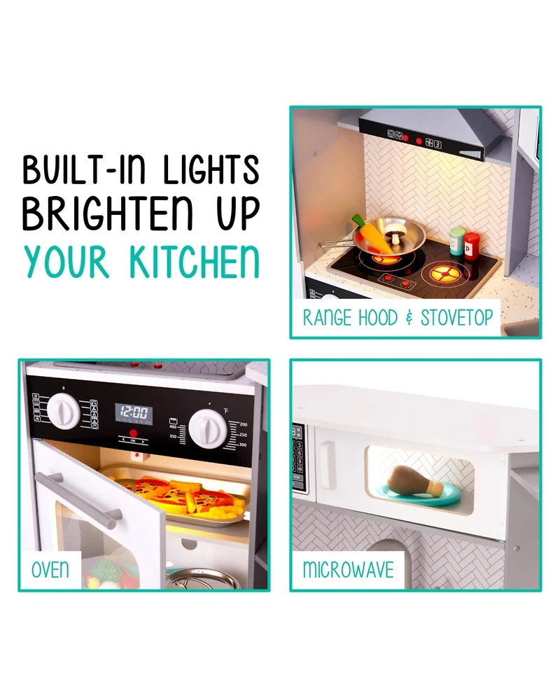 Lil' Jumbl Corner Kids Kitchen Playset, Pretend Kids Wooden Kitchen with Stovetop, Faucet and More
