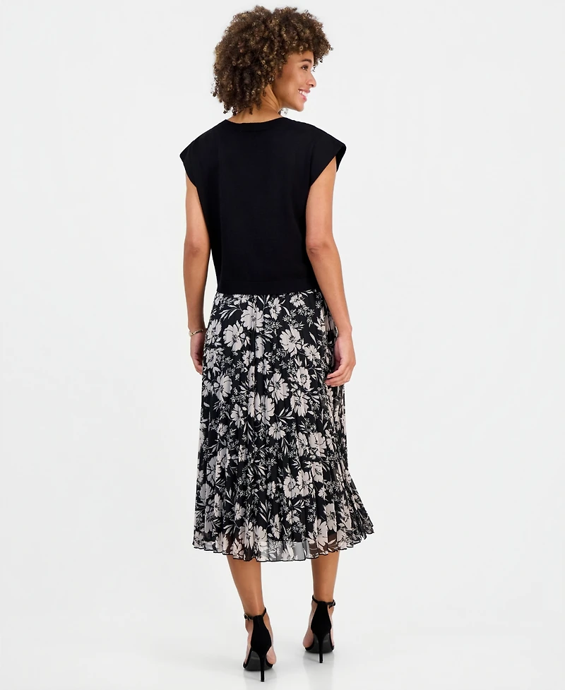 Robbie Bee Women's Floral-Print Pleated A-Line Midi Dress