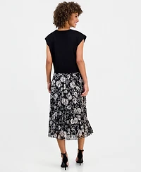 Robbie Bee Women's Floral-Print Pleated A-Line Midi Dress
