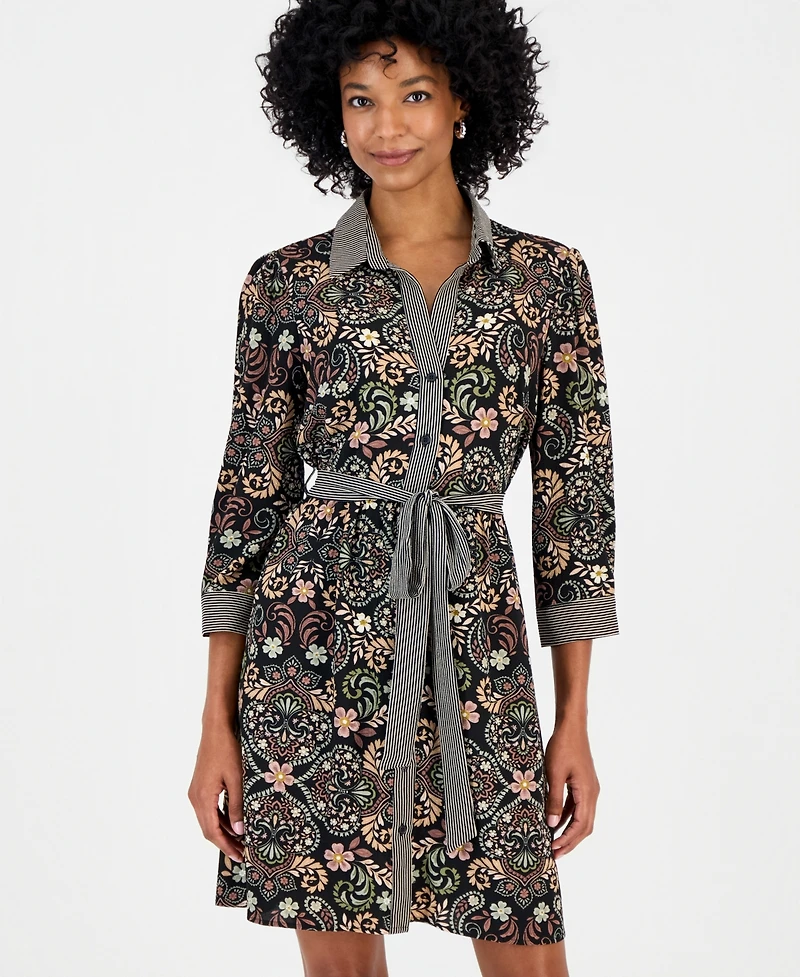 Robbie Bee Women's Twin Print Belted Shirtdress