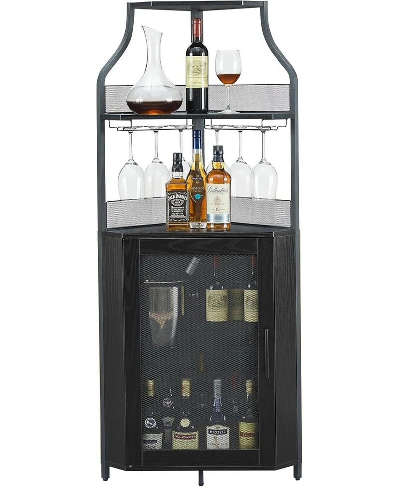 gaomon Corner Wine Cabinet with Detachable Wine Rack, 5-Tier Industrial Corner Bar Cabinet with Barn Door and Glass Holder, Farmhouse Buffet Cabinet