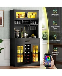 Slickblue Bar Cabinet with Led Light, Coffee Bar and Microwave Storage Cabinet