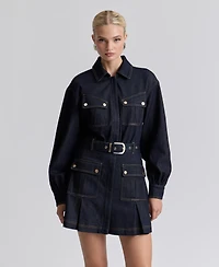 Avec Les Filles Women's Stretch Denim Belted Cargo Mini Dress