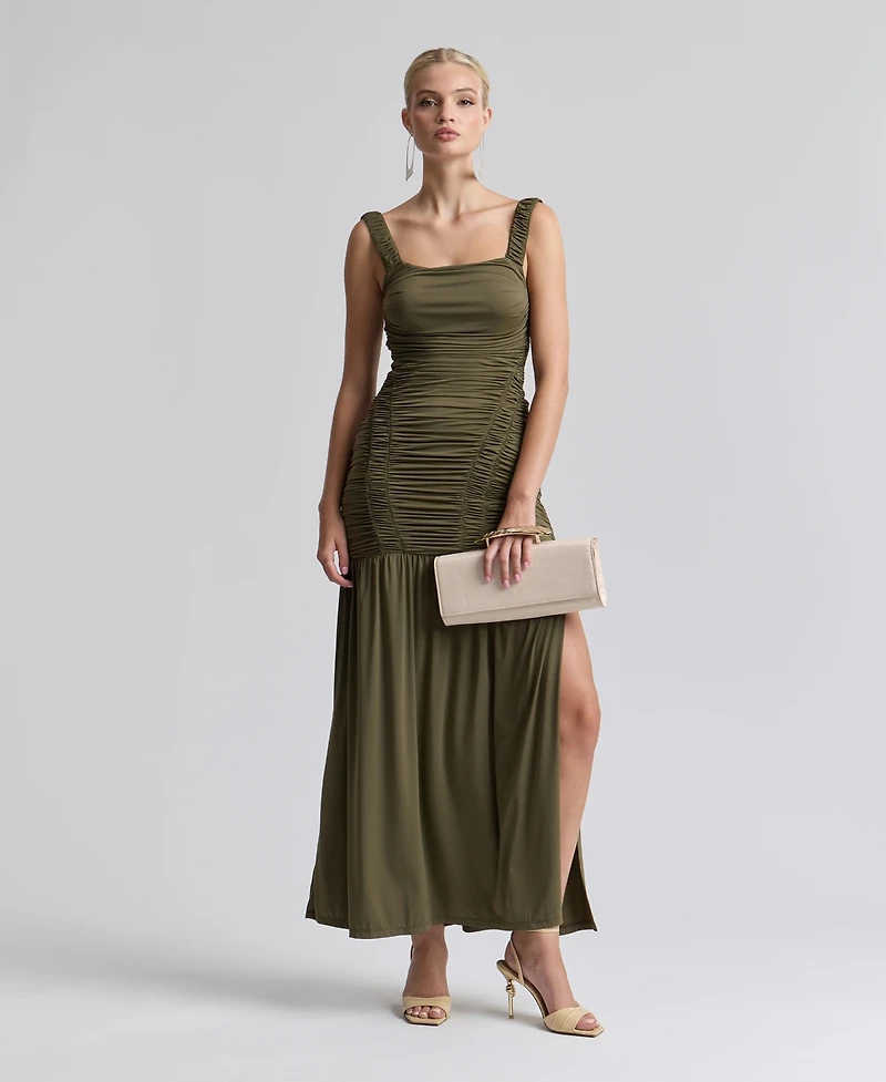 Avec Les Filles Women's Shirred Mesh Drop Waist Maxi Dress