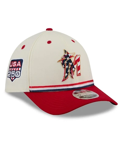 New Era Men's Cream/Red Miami Marlins Usa 250 Fourth of July 39THIRTY M-Crown Flex Hat