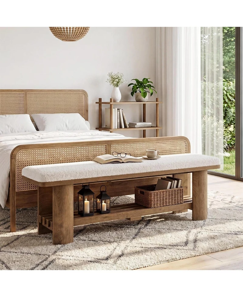 Tribesigns End of Bed Bench with Faux Lamb Wool Cushion for Bedroom, 62.9-Inch Wooden Upholstered Storage Bedroom Bench with Shoe Rack