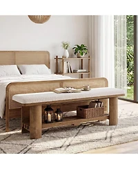 Tribesigns End of Bed Bench with Faux Lamb Wool Cushion for Bedroom, 62.9-Inch Wooden Upholstered Storage Bedroom Bench with Shoe Rack