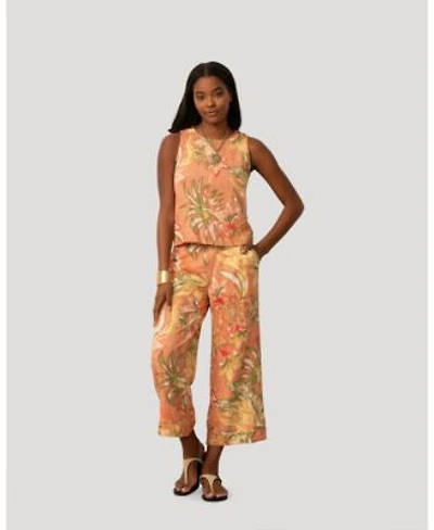 Womens Printed Linen Blend Button Front Top Pull On Crop Pant
