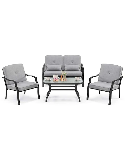 Costway 4 Piece Patio Furniture Set Outdoor Conversation Sofa Tempered Glass Coffee Table