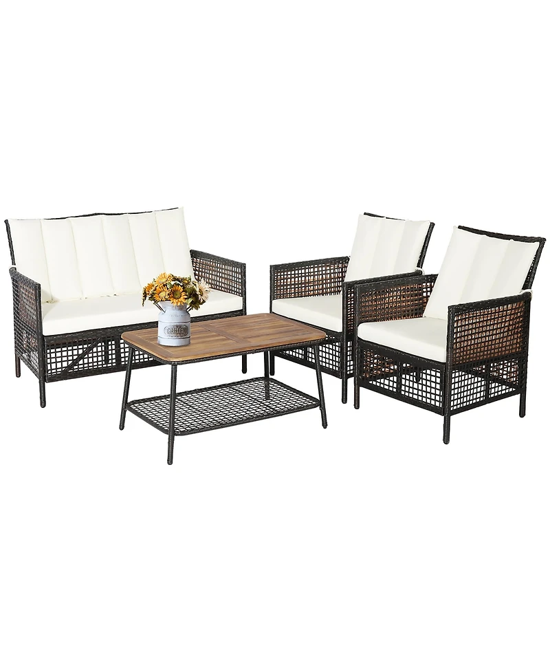 Costway 4Piece Patio Rattan Furniture Set Cushioned Chairs Wood Table Top With Shelf