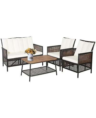Costway 4Piece Patio Rattan Furniture Set Cushioned Chairs Wood Table Top With Shelf